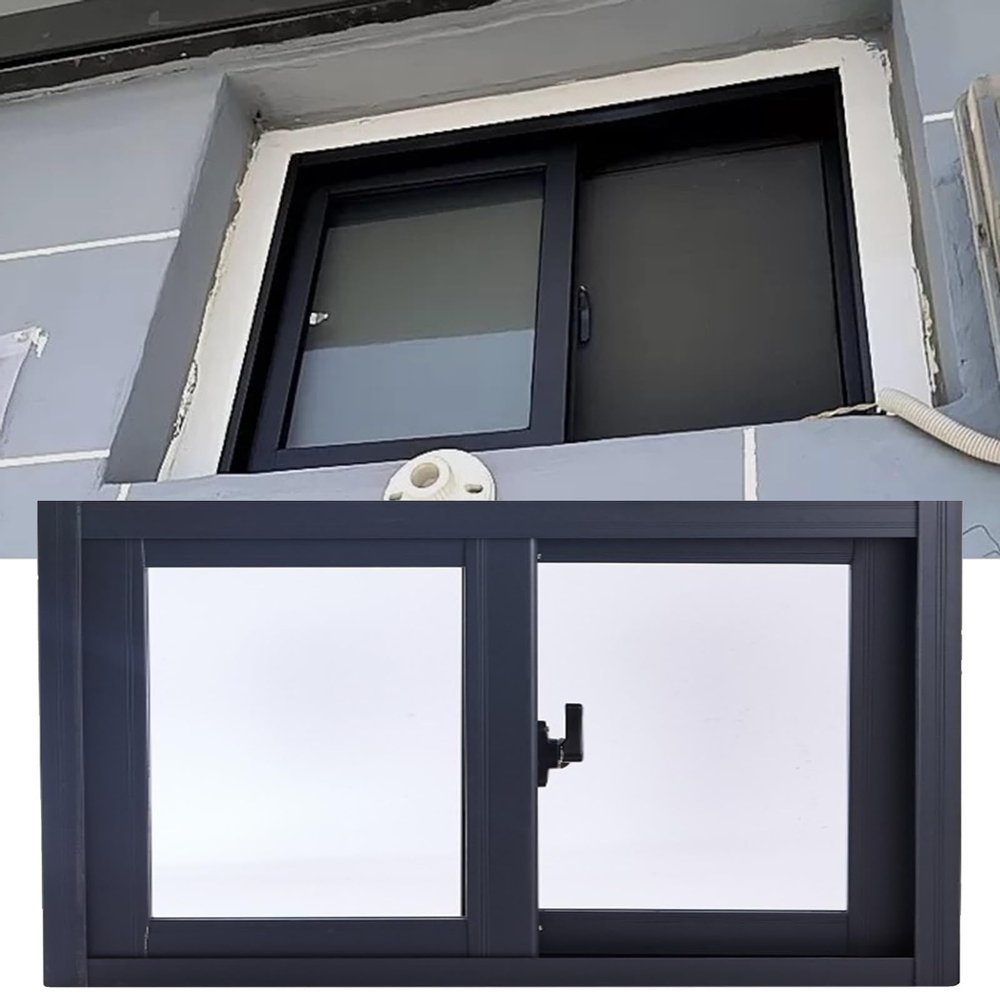Black Aluminum Sliding Window with Tempered Glass, 73 x 35 cm