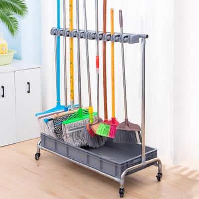 Mop and Broom Holder, Stainless Steel Cleaning Cart Organizer
