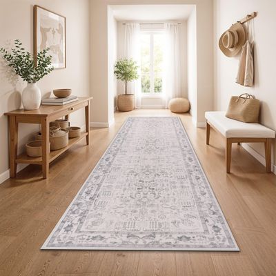 Paco Home Vintage Runner Rug for Hallway, Washable & Non-Slip, Easy-Care Modern Retro Boho Design, Silver, 80 x 300 cm