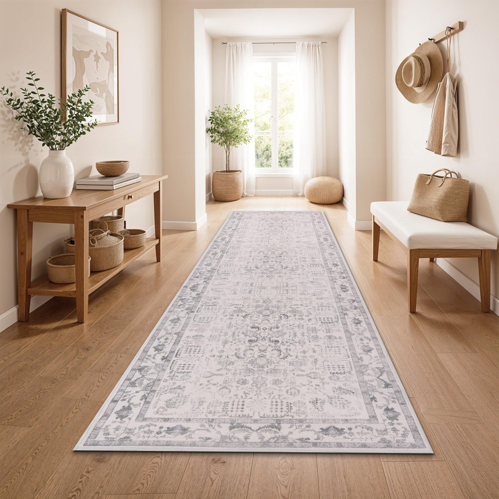 Paco Home Vintage Runner Rug for Hallway, Washable & Non-Slip, Easy-Care Modern Retro Boho Design, Silver, 80 x 300 cm