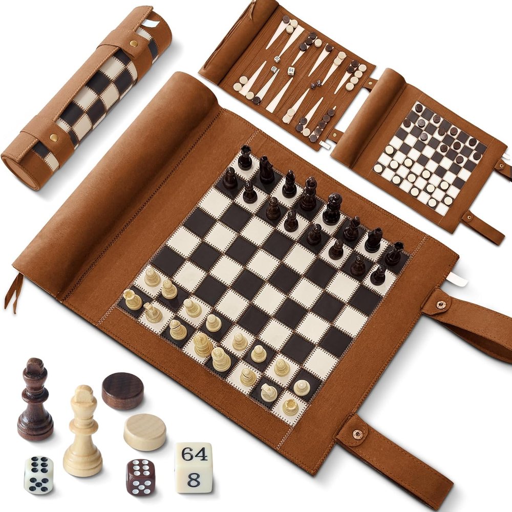 Woodronic Magnetic Chess, Checkers & Backgammon Set, 3-in-1 Portable Travel Game for 2 Players, Brown