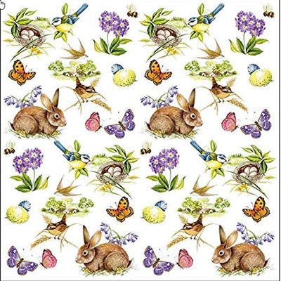 20 Easter Napkins with Bunny, Butterfly & Tit on Spring Meadow | 33x33 cm Paper Napkins