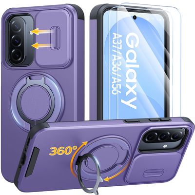 AOUIA Case for Samsung Galaxy A37/A36/A56 5G with 2 Tempered Glass Screen Protectors, Camera Cover, 360° Rotating Ring Stand, Military-Grade Drop Protection, Purple