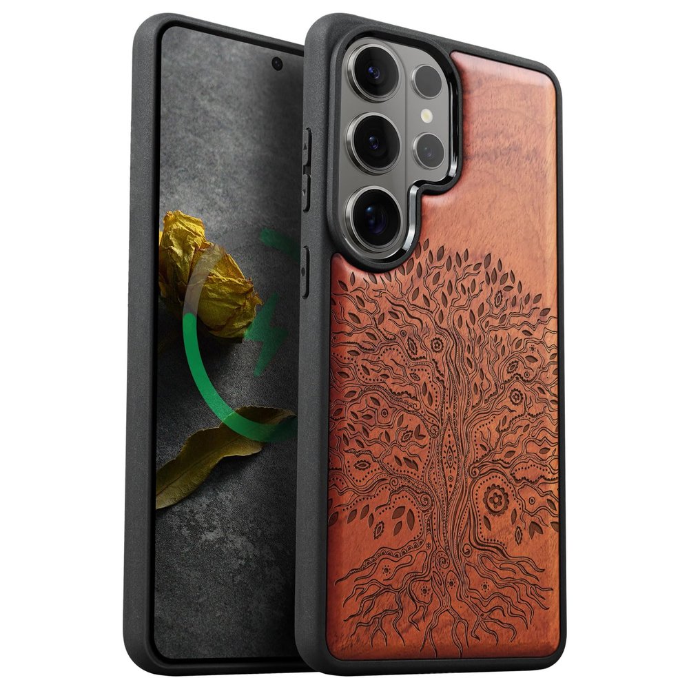 Carveit Wooden Cover for Galaxy S26 Ultra, Plum-Colored Hand-Drawn Design