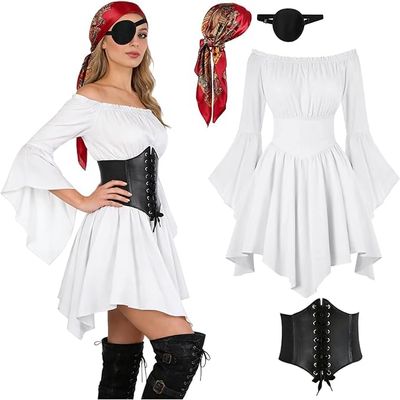 Women's Pirate Costume Set with Off-Shoulder White Dress, Corset, Headscarf and Waist Scarf