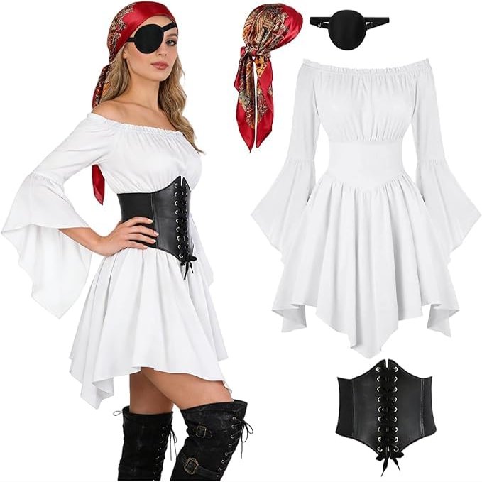 Women's Pirate Costume Set with Off-Shoulder White Dress, Corset, Headscarf and Waist Scarf