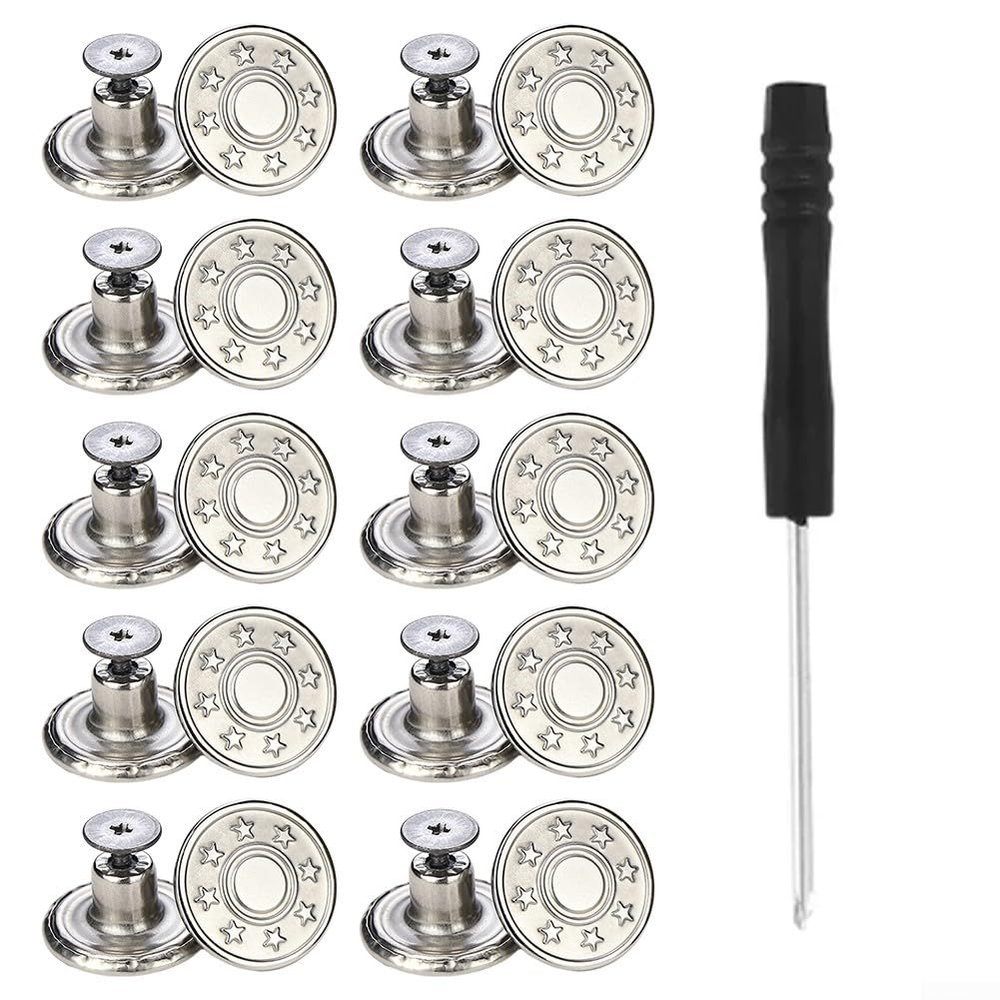 Metal Jeans Buttons, 17 mm, Brass, Replacement Screw Rivets for Pants, Jackets, and Crafts, No Sewing DIY Kit
