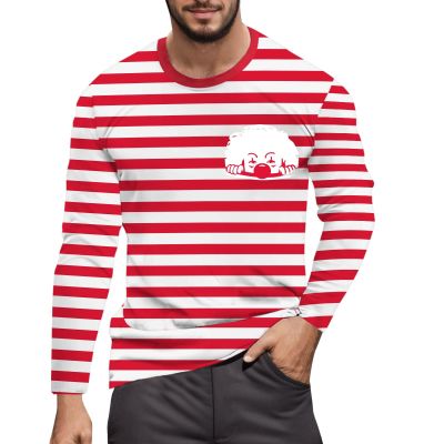 Men's Red and White Striped Long-Sleeve Crewneck Party Top, XL