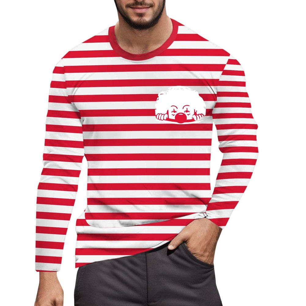 Men's Red and White Striped Long-Sleeve Crewneck Party Top, XL