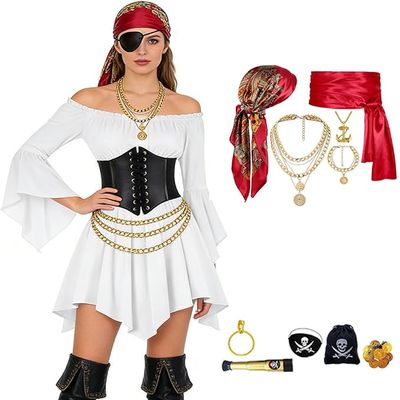 Women's Pirate Costume Set, Off-Shoulder Dress with Corset, Headscarf and Waist Sash