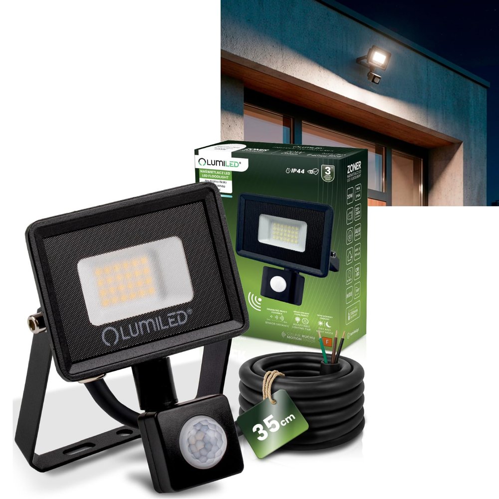 Lumiled 20W LED Floodlight, 1800 lm, 4000K, IP44, Motion and Dusk Sensor