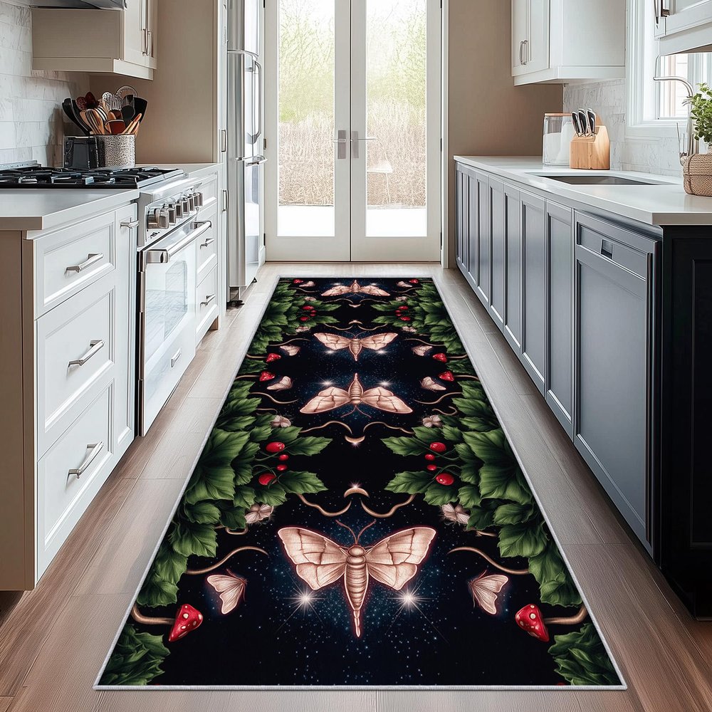 Gothic Moth Runner Rug, Washable Boho Botanical, 60 x 200 cm