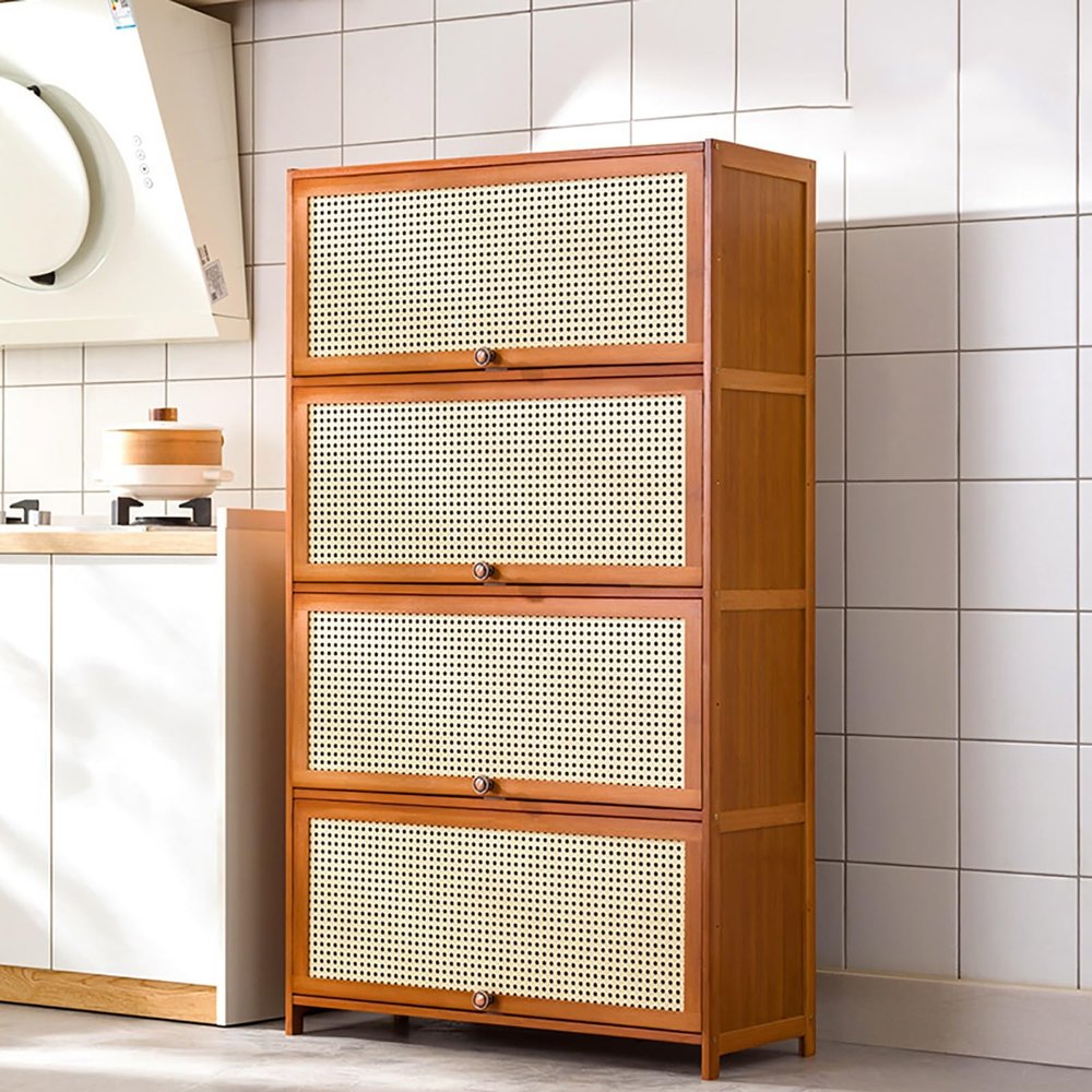 Multifunctional Wooden Credenza, Freestanding Ventilated Storage Cabinet with 5 Shelves, for Living Room, Kitchen or Dining Room (H 140 cm)