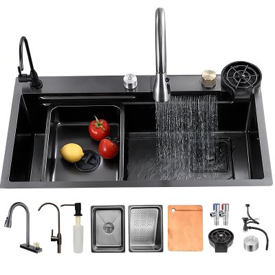 Stainless Steel Kitchen Sink, 75 x 50 cm, with Waterfall Faucet, 1 Bowl, Undermount Design