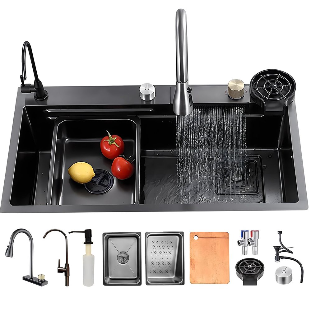 Stainless Steel Kitchen Sink, 75 x 50 cm, with Waterfall Faucet, 1 Bowl, Undermount Design
