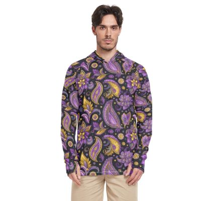 Men's Paisley Long-Sleeve Hooded Rash Guard, Yellow Gold Flower, XXL