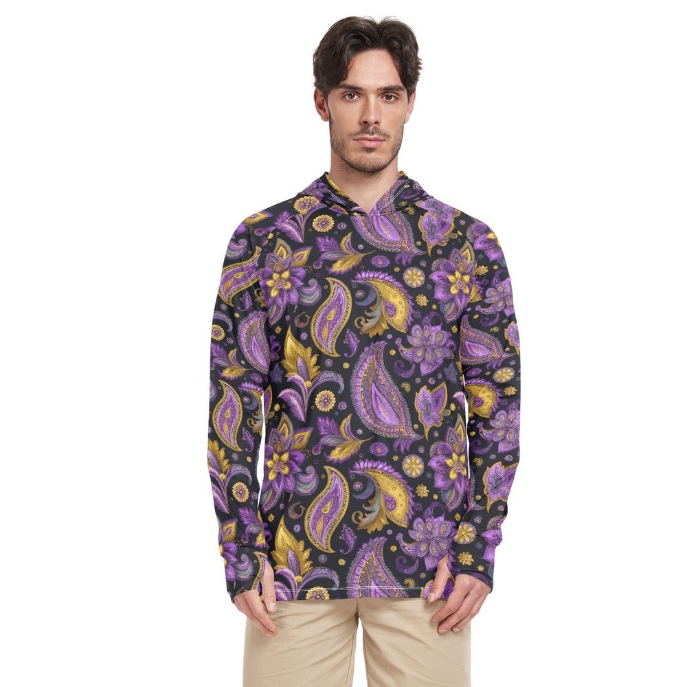 Men's Paisley Long-Sleeve Hooded Rash Guard, Yellow Gold Flower, XXL