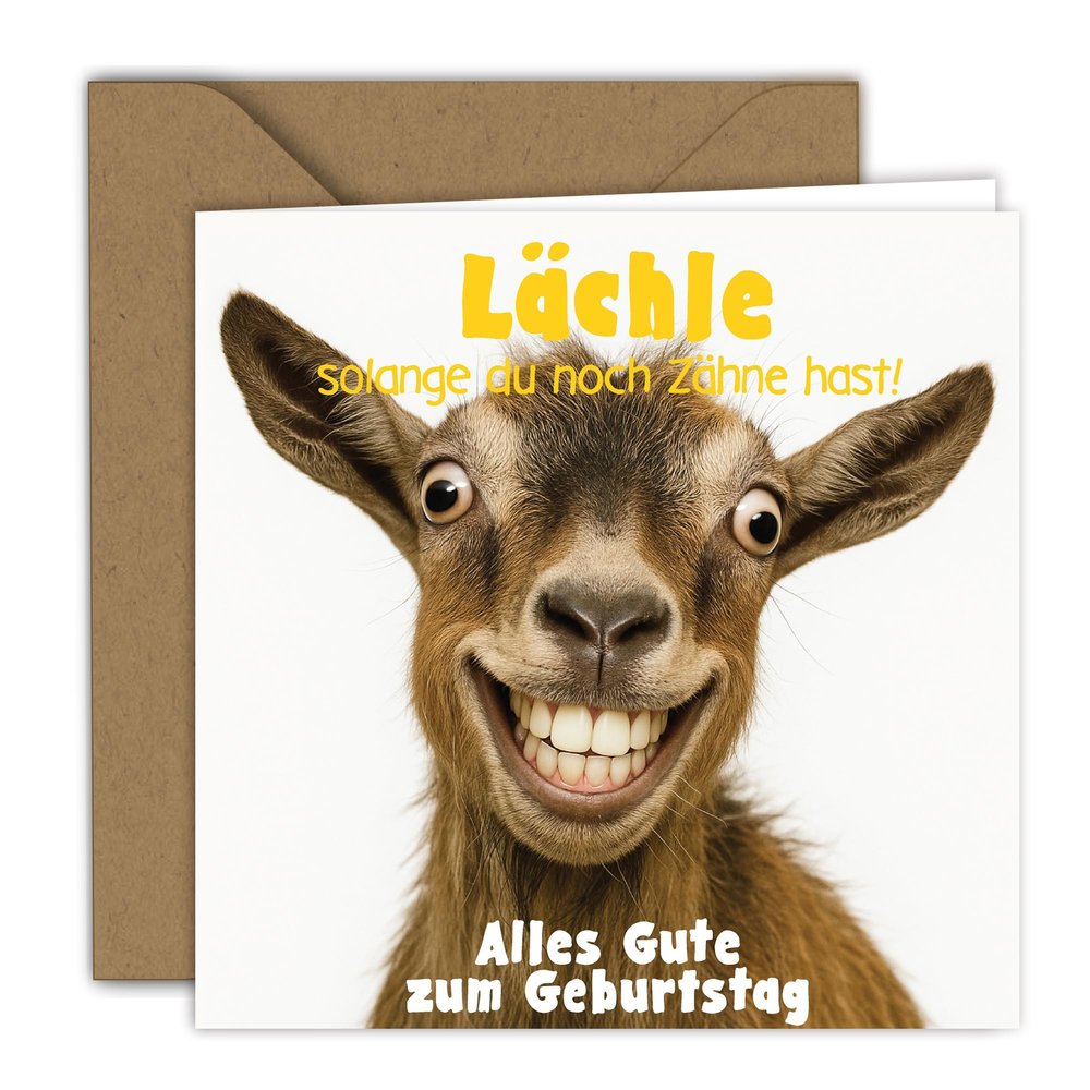 Birthday Card - Smiling Goat Design | Folded Card (15 x 15 cm) with Kraft Envelope