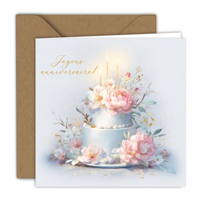 Edition Colibri Birthday Card – Pink Floral Cake Design | Square Card (15 x 15 cm) with Kraft Envelope