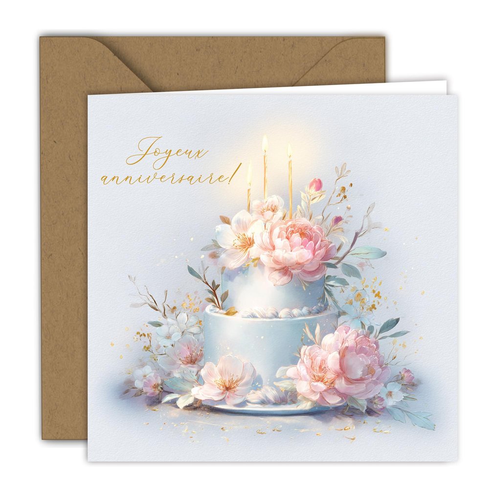 Edition Colibri Birthday Card – Pink Floral Cake Design | Square Card (15 x 15 cm) with Kraft Envelope