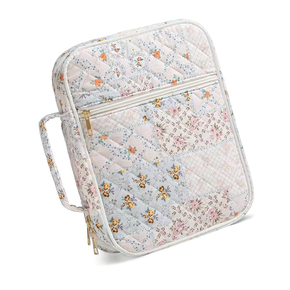 YIBOZI Portable Book Bag, Quilted Cover for Women, Travel Book Organizer with Multiple Pockets and Cotton Handles