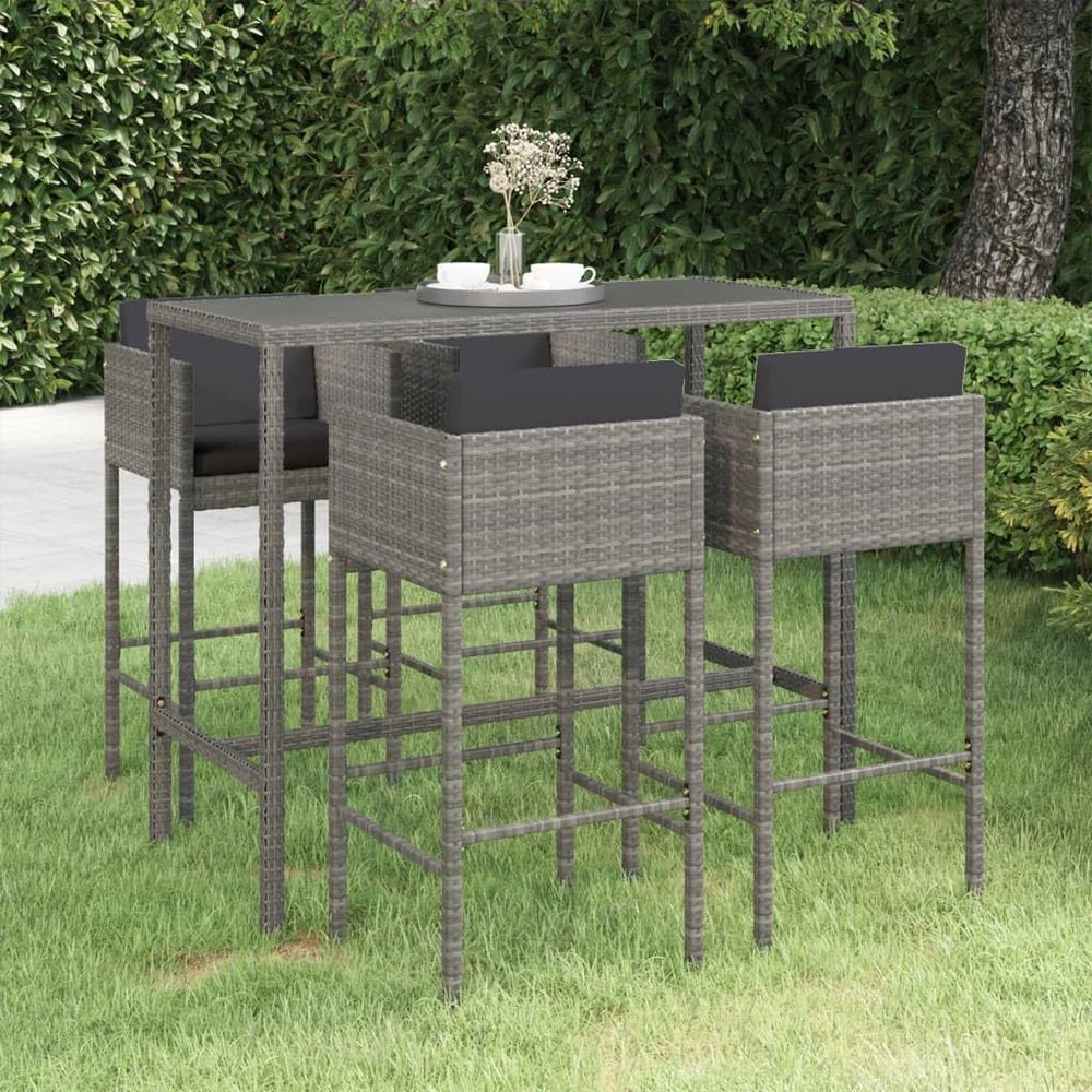 LoogCape 5-Piece Gray PE Rattan Garden Bar Set with Cushions