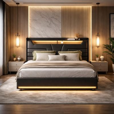 Upholstered Double Bed 140 x 190 cm with Storage, LED and USB Charging