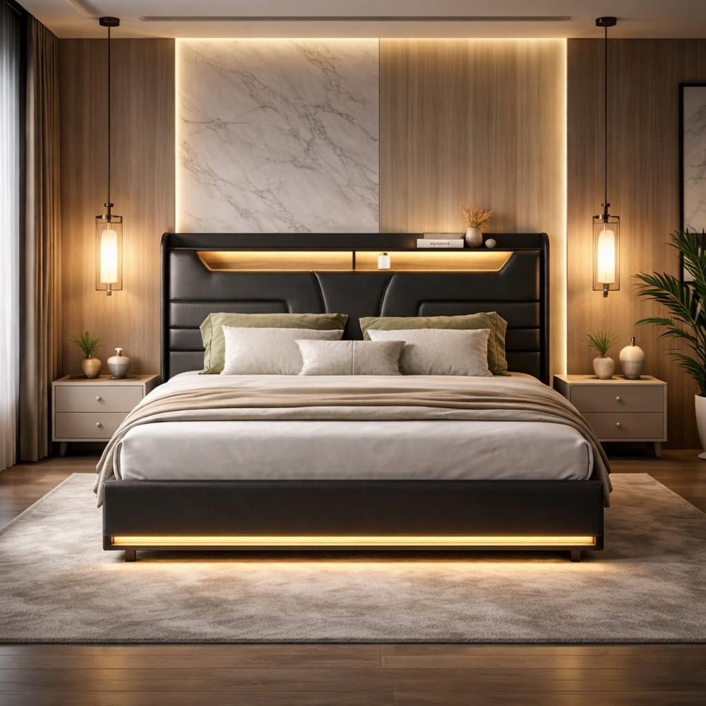 Upholstered Double Bed 140 x 190 cm with Storage, LED and USB Charging