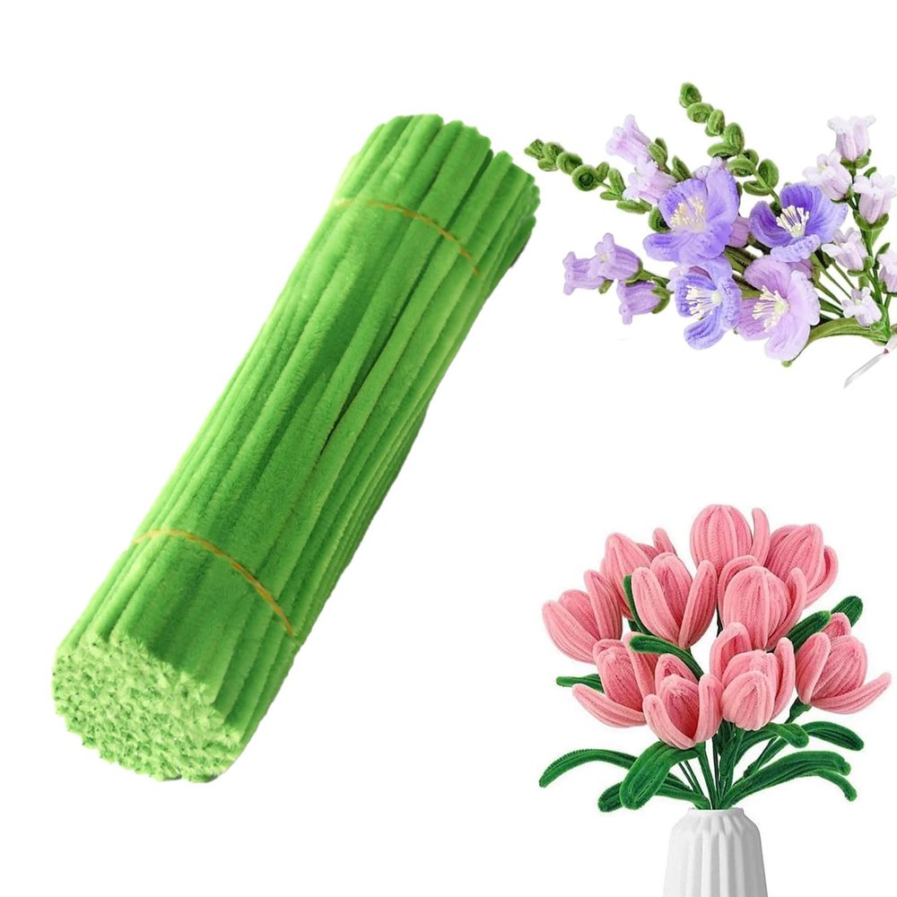 Vortexline 100/300 Count 12-Inch Chenille Stems, 65 Colors for Flower Crafts & DIY (Green-C, 100)