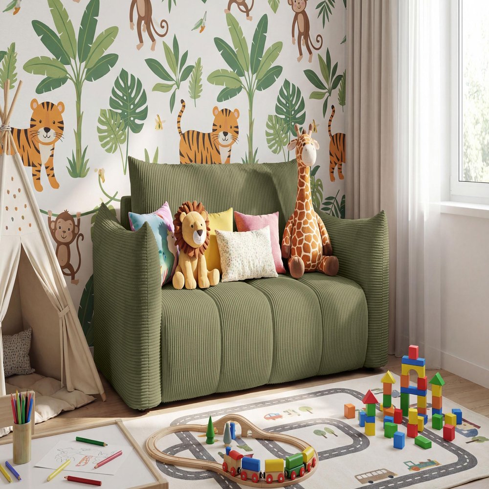 WFL GROUP 2-Seater Sleeper Sofa with Storage, Light Green Corduroy