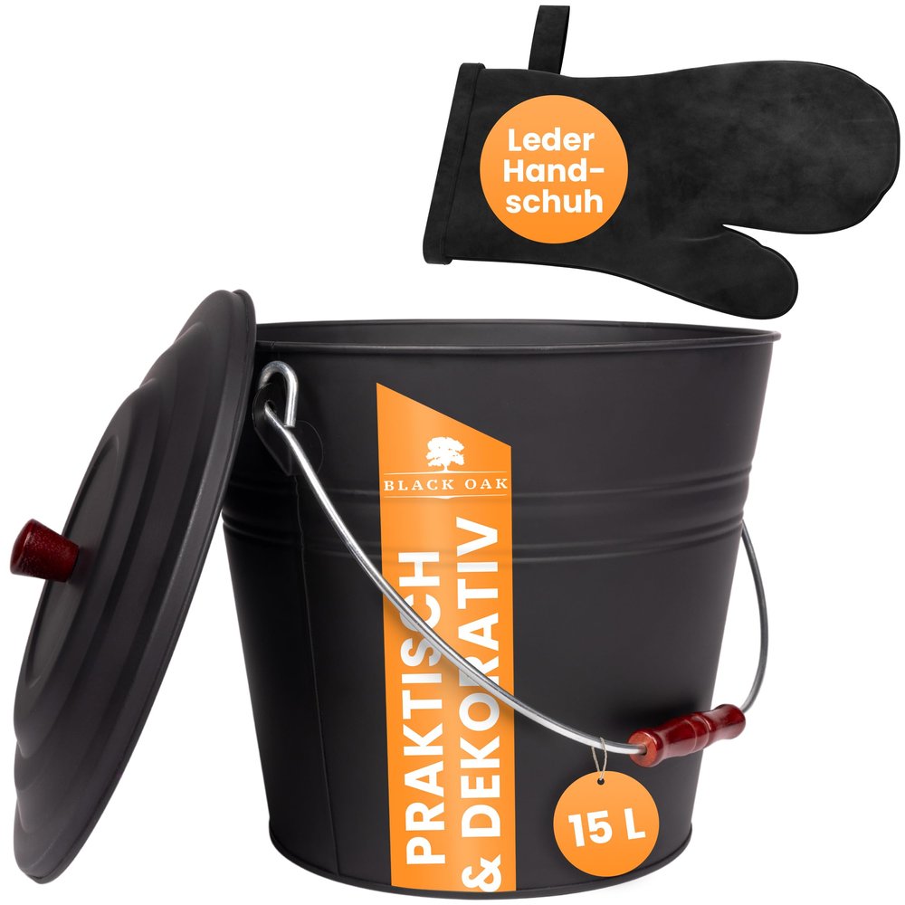 BLACK OAK KATLA 15 L Ash Bucket with Leather Glove, Black, Round with Lid