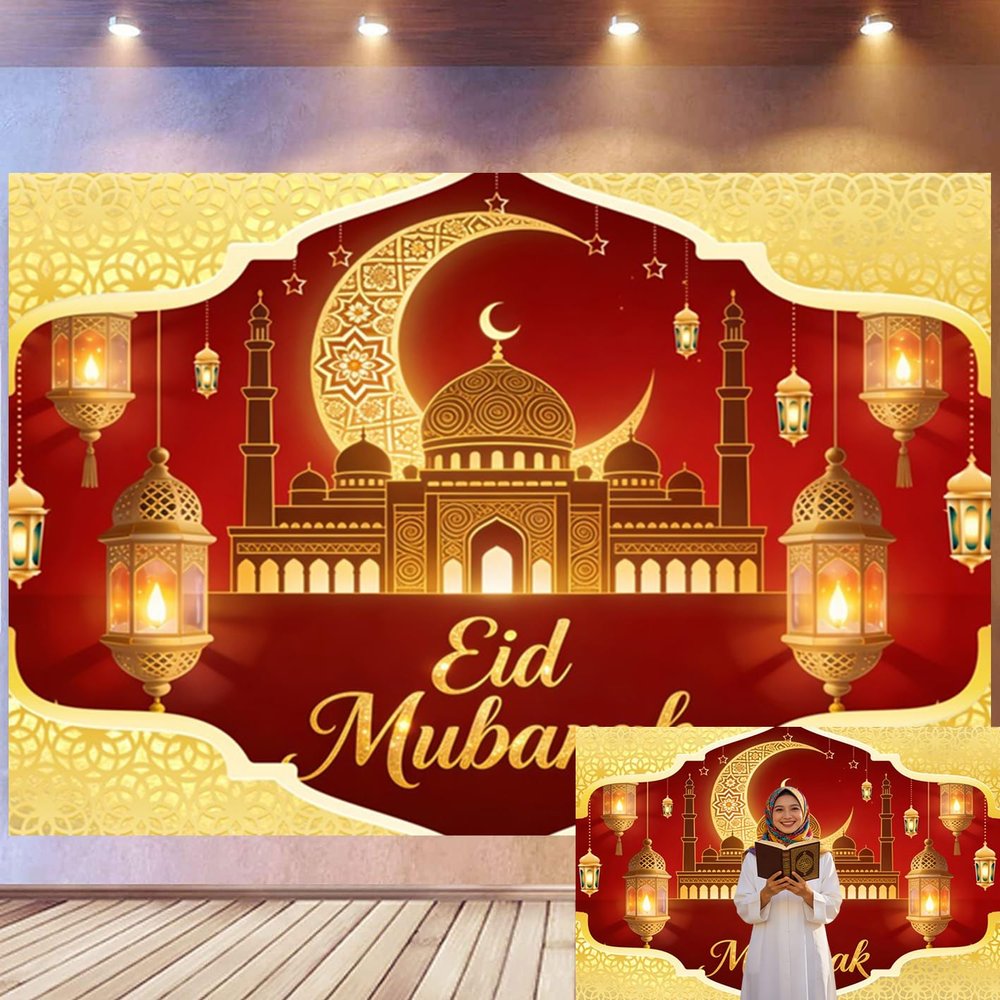 Bovlleetd 3.6 x 2.5 m Eid Mubarak Red and Gold Background