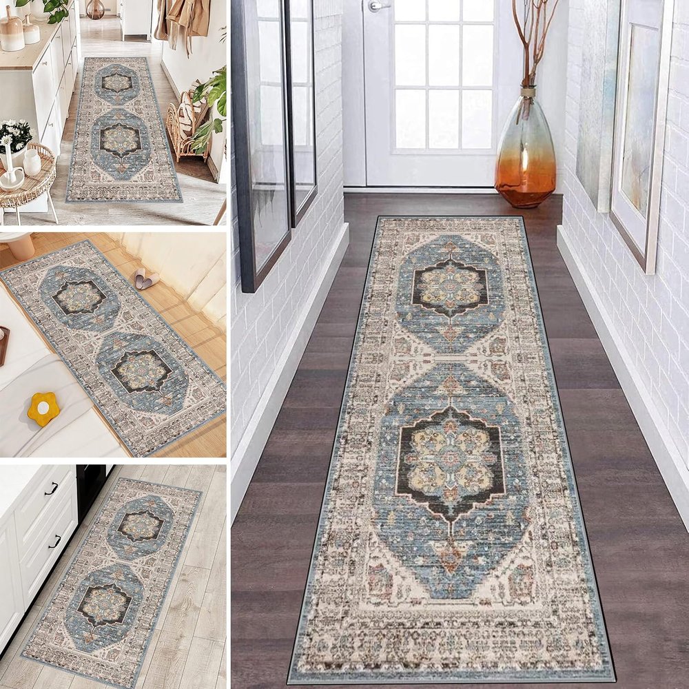 LUMIPAP Modern Runner Rug for Hallway or Kitchen, Washable, Non-Slip, 40 x 150 cm, Light Gray-Blue