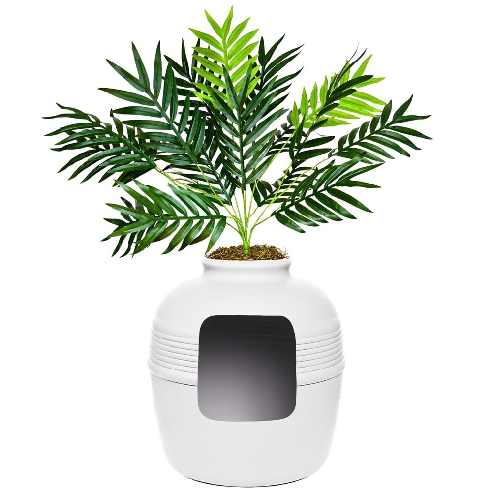 Good Pet Stuff Hidden Cat Litter Box Planter, Round Indoor Design, Charcoal Filter, Base Set, Palm Plant, Classic White