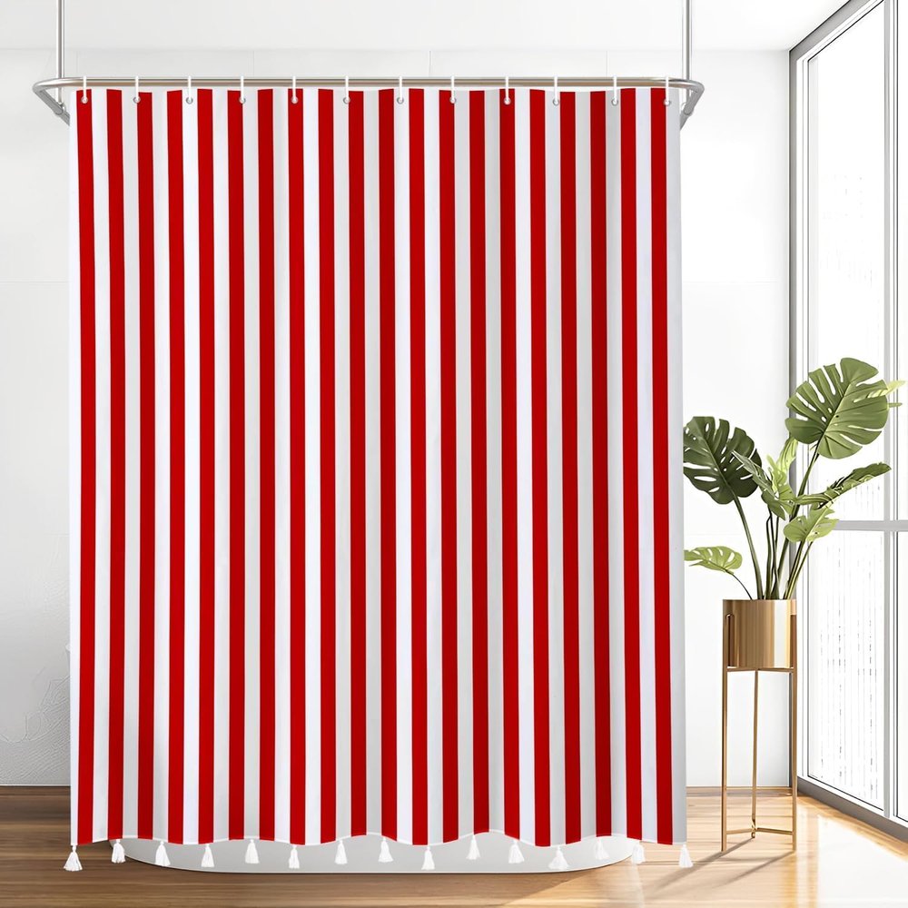 AUWUUA Red and White Striped Shower Curtain, 200 x 213 cm