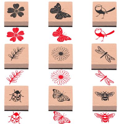 9-Piece Vintage Wooden Stamp Set - Butterfly & Flower Designs