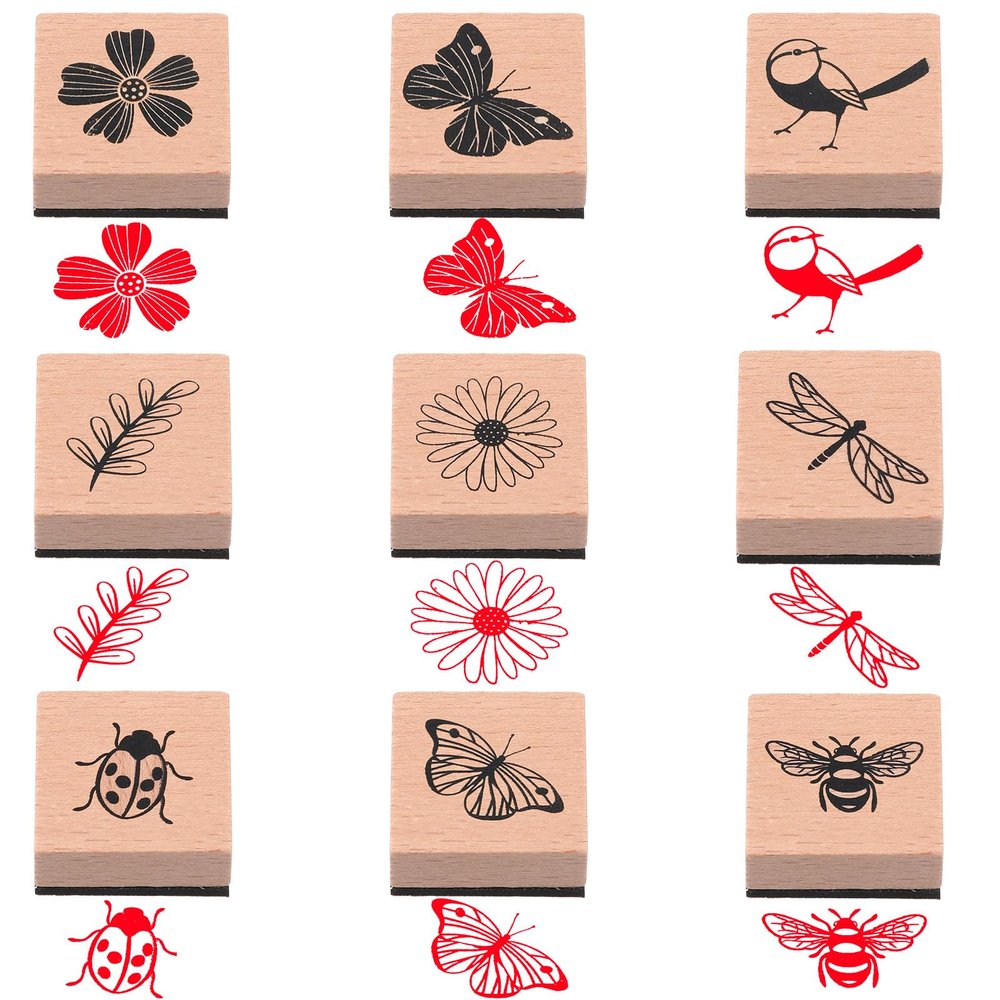9-Piece Vintage Wooden Stamp Set - Butterfly & Flower Designs