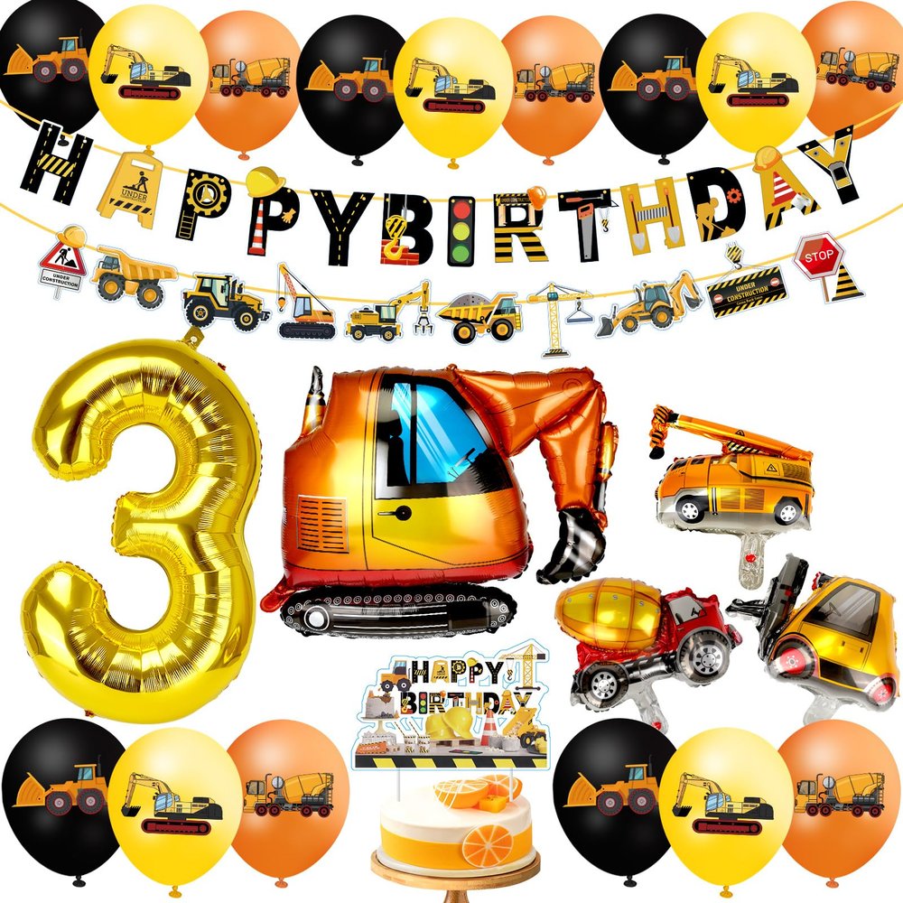 Excavator Birthday Decoration Set for 3-Year-Old Boys