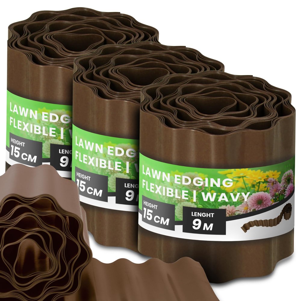 Instalguru Lawn Edging 15 cm x 27 m, Brown Flexible Plastic