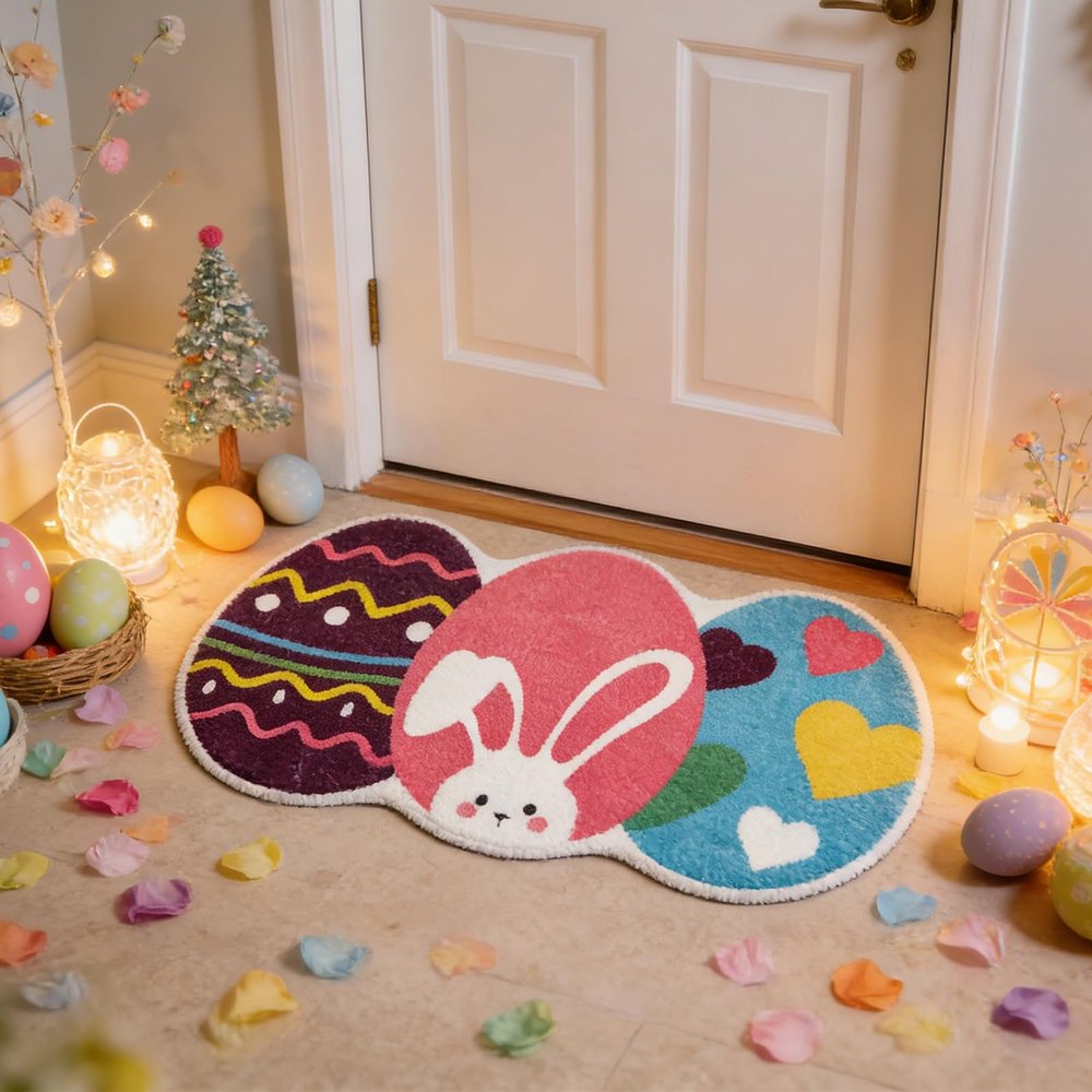 Generic Happy Easter Doormat with Bunny Pattern, 40 x 60 cm, Non-Slip & Washable Indoor Mat for Easter Decor