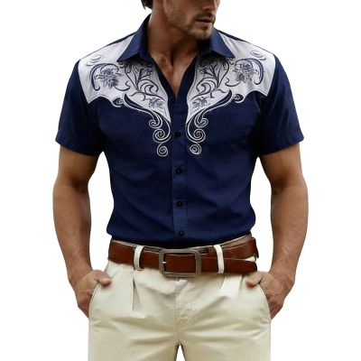 Men's Cowboy Costume Western Shirt, Embroidered, Casual, Snap-Front, Retro Vintage Style