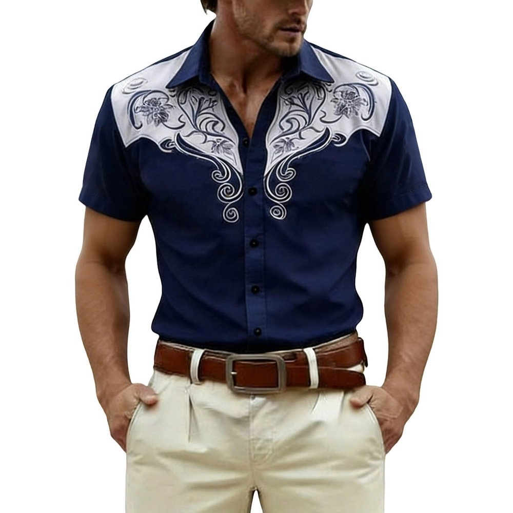Men's Cowboy Costume Western Shirt, Embroidered, Casual, Snap-Front, Retro Vintage Style