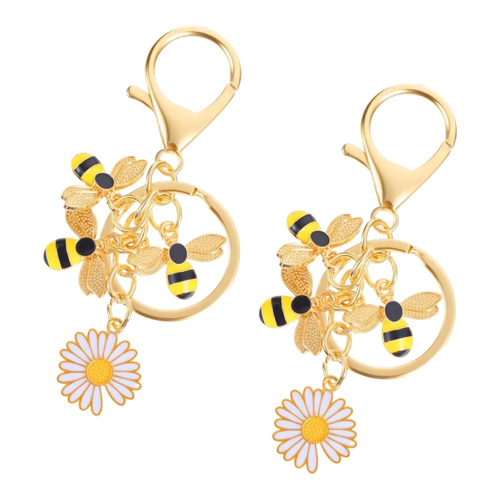 Greabuy Flower & Bee Keychains, Recyclable Zinc Alloy, Water-Resistant, 2-Pack