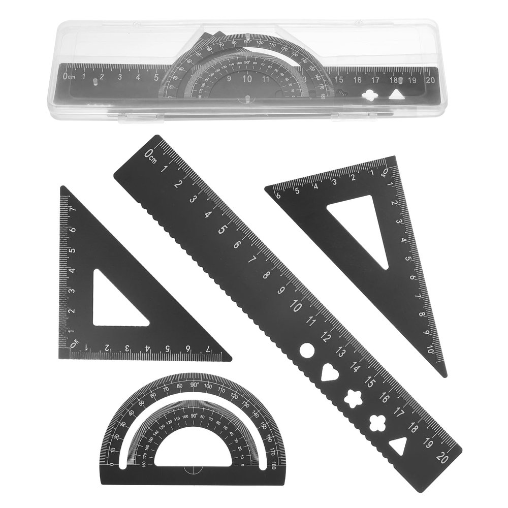 PATIKIL 4-Piece Aluminum Alloy Geometry Drawing Set, 20 cm Ruler, Protractor and Triangles, Black