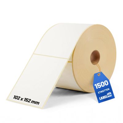 Labelident Shipping Labels 102 x 152 mm – 1,500 Direct Thermal Labels, 4 x 6 in, 40 mm Core | Self-Adhesive Labels with Perforated Backing for DHL, DPD, FedEx, GLS, Hermes and UPS