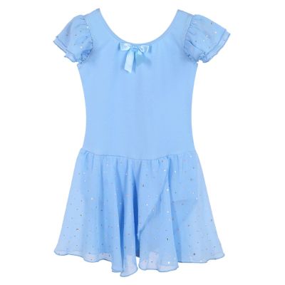 Greabuy Girls' Ballet Leotard with Sparkly Sequins and Tutu Skirt, Blue, 150 cm