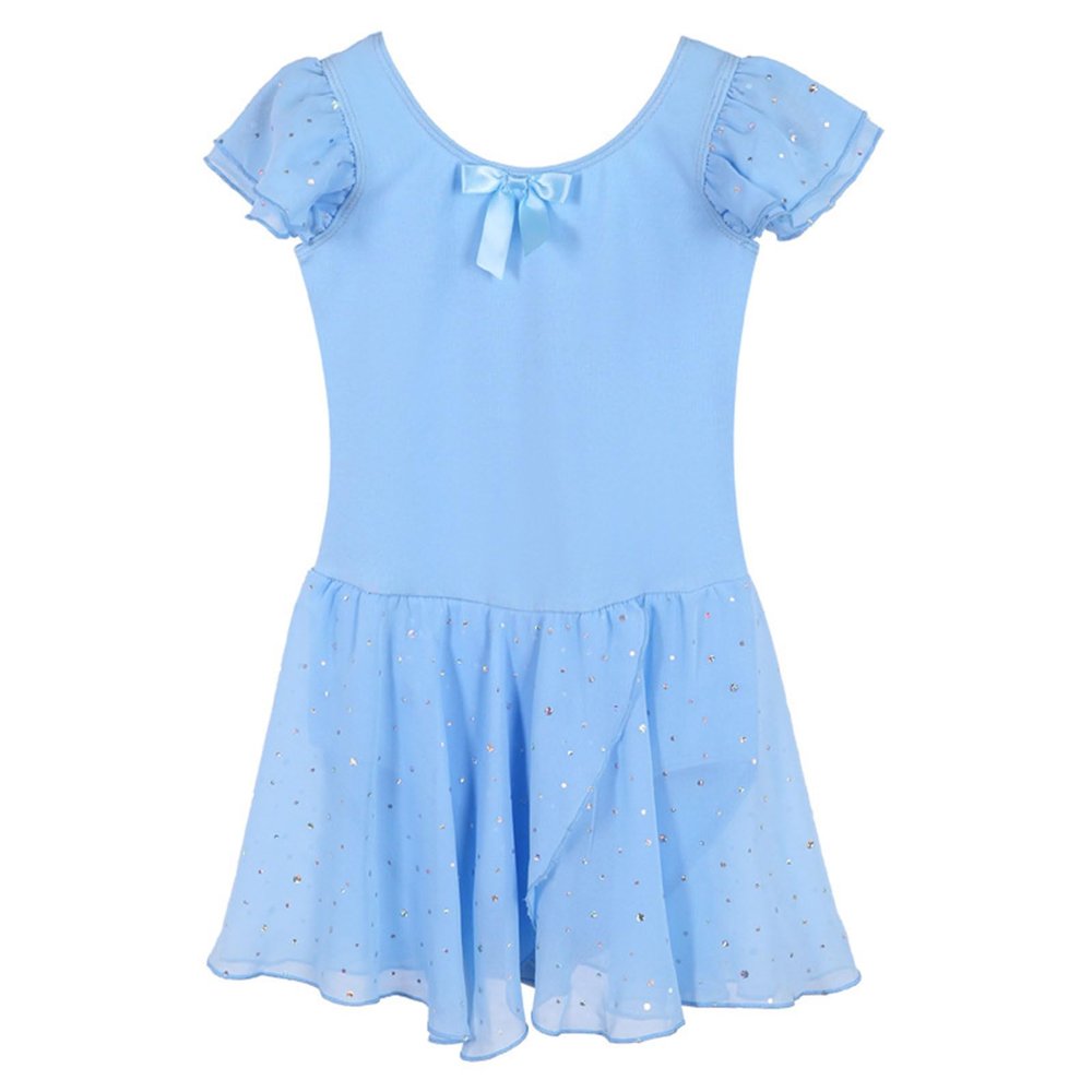 Greabuy Girls' Ballet Leotard with Sparkly Sequins and Tutu Skirt, Blue, 150 cm
