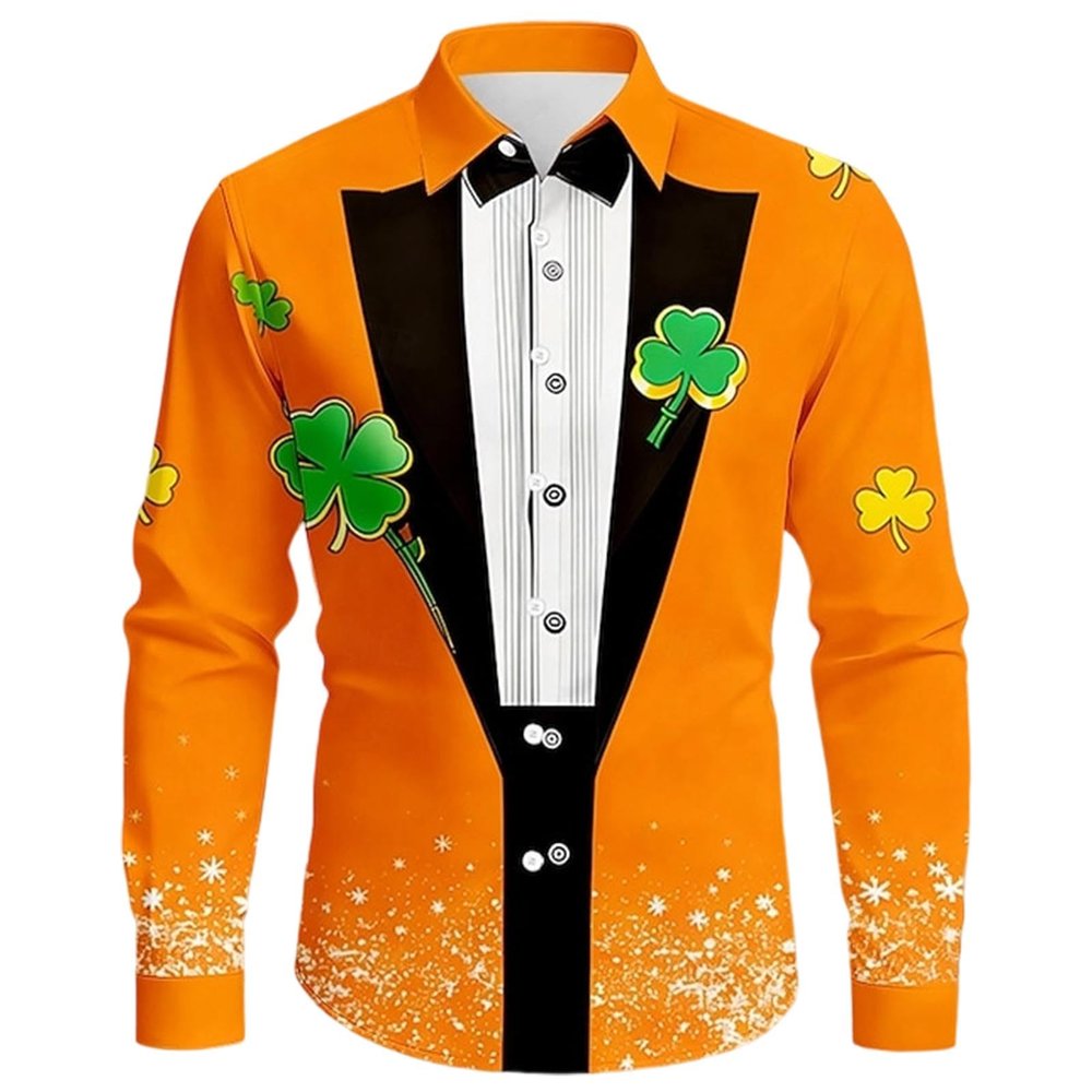 Men's St. Patrick's Day Long-Sleeve 3D Shamrock Button-Down Shirt