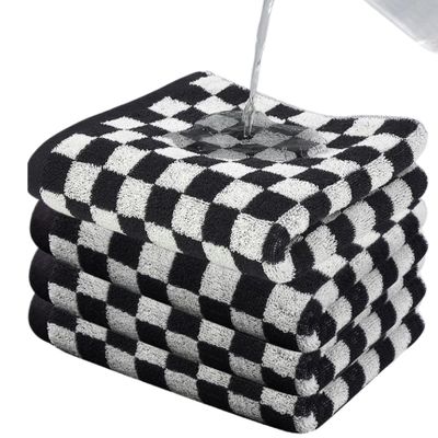AZIDWERYQ Checkered Towels, 4-Piece Set, 14.6 x 29 in, Black and White Cotton
