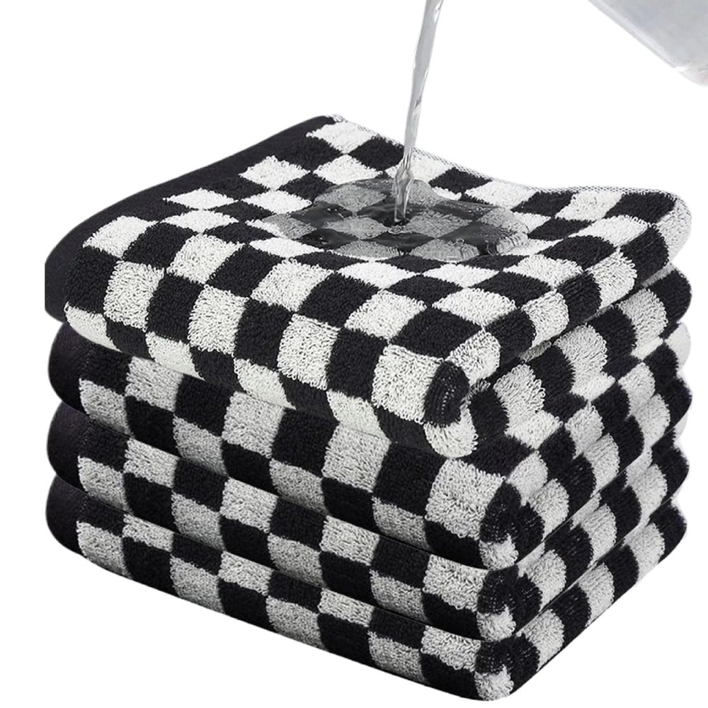 AZIDWERYQ Checkered Towels, 4-Piece Set, 14.6 x 29 in, Black and White Cotton